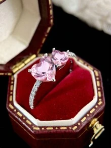 1pc Pink Heart-Shaped Ring, S925 Sterling Silver Elegant Promise Ring, Jewelry Gift For Girlfriend, Wedding - Silver - View 5