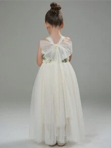 Young Girl 3D Flower Bow Knot Tiered Tulle Maxi Flower Girl Dress