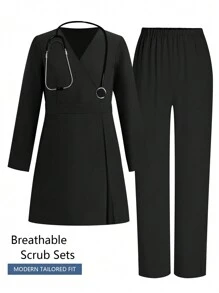 cimmuovere Uniform Set Black V-Neck Belted Long Sleeve Trousers Scrubs