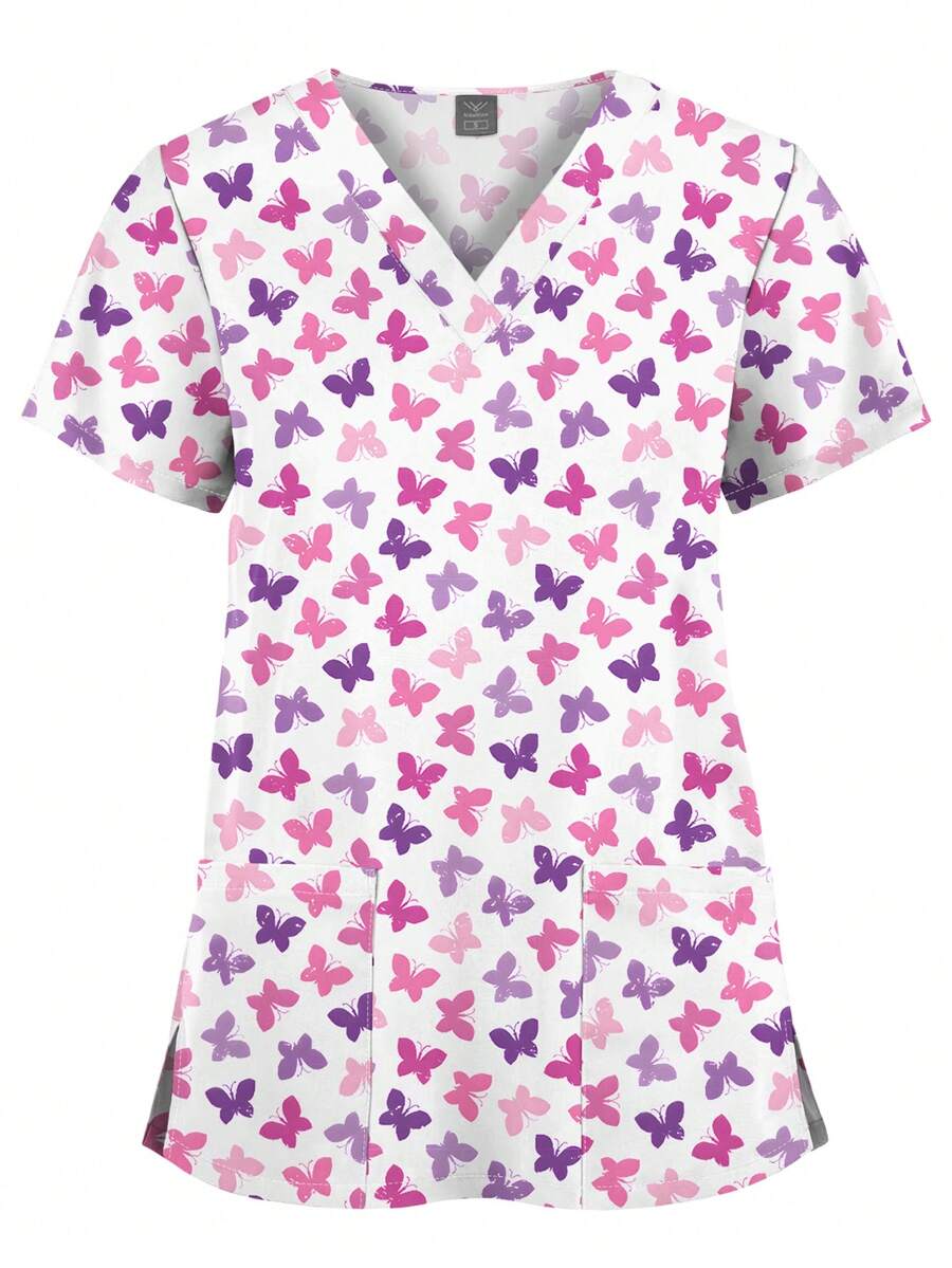 Nurses Top For Women Butterfly Printing Scrub Uniform Blouse Nurse V-Neck T-Shirt Doctor Working Nursing Accessories Scrub Uniforms Tops - Multicolor - View 1