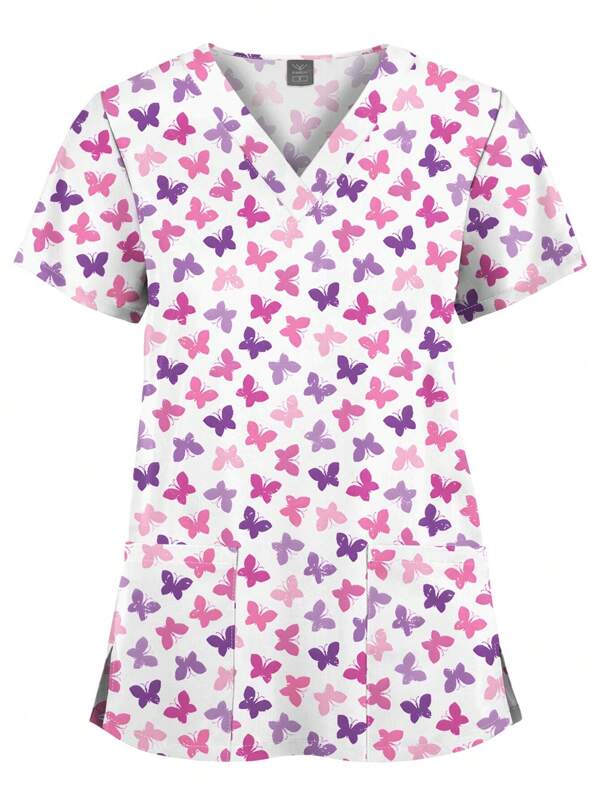 Nurses Top For Women Butterfly Printing Scrub Uniform Blouse Nurse V-Neck T-Shirt Doctor Working Nursing Accessories Scrub Uniforms Tops