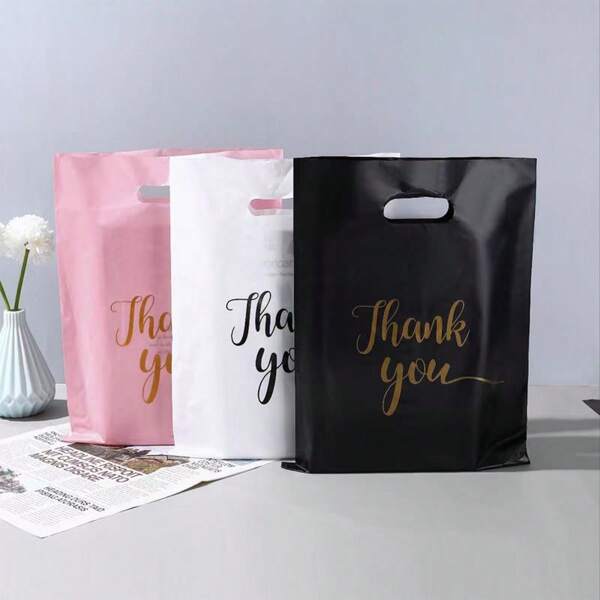 10/50/100 piezas, Bolsa de regalo de agradecimiento, 3 tamaños (30 x 20 cm, 25 x 20 cm, 20 x 15 cm) Bolsa de plástico pequeña con asa para compras, Bolsa de regalo de agradecimiento, Bolsa a granel para comercio de fiesta