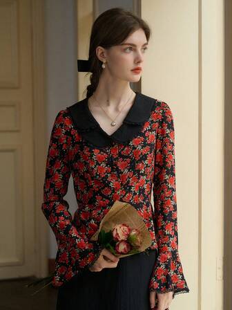 Simple Retro Camicetta lunga elegante e casual da donna, con maniche lunghe, colletto Peter Pan, design floreale all-over, in stile vintage, adatta per San Valentino