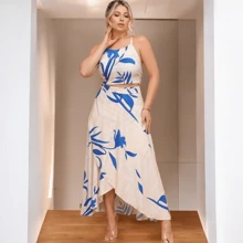 Women's Set Wrap Skirt And Cropped Top, Long Wrap Skirt And Tie-Back Top, Skirt + Cropped Top Set In Formal Dress, Formal Dress, Party Wear - 長裙 米色 葉色 藍色 - 查看 7