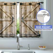 2Pcs 28"X40" Rustic Wooden Kitchen Curtains, Vintage Farmhouse Short Cafe Curtains For Living Room Bedroom Decor Brown Barn Door Tier Curtains Rod Pocket Window Drapes