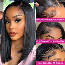 12 Inch Glueless 4x4 Lace Front Wig For Women Natural Black Brazilian Straight Human Hair 180% Density Transparent Lace Front Short Bob Cut With Youngsters Hair Pre-Plucked Glueless Wear(Bob Wig 10-14inch)