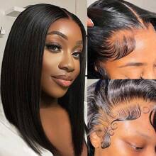 12 Inch Glueless 4x4 Lace Front Wig For Women Natural Black Brazilian Straight Human Hair 180% Density Transparent Lace Front Short Bob Cut With Youngsters Hair Pre-Plucked Glueless Wear(Bob Wig 10-14inch)