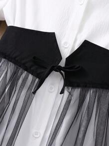 Tween Girl Solid Color Short Sleeve Collared Waist Band Mesh Splice Dress - Black - View 4