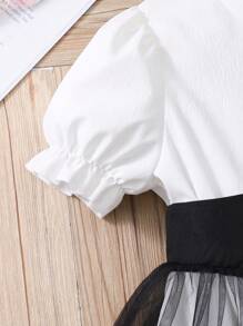 Tween Girl Solid Color Short Sleeve Collared Waist Band Mesh Splice Dress - Black - View 5