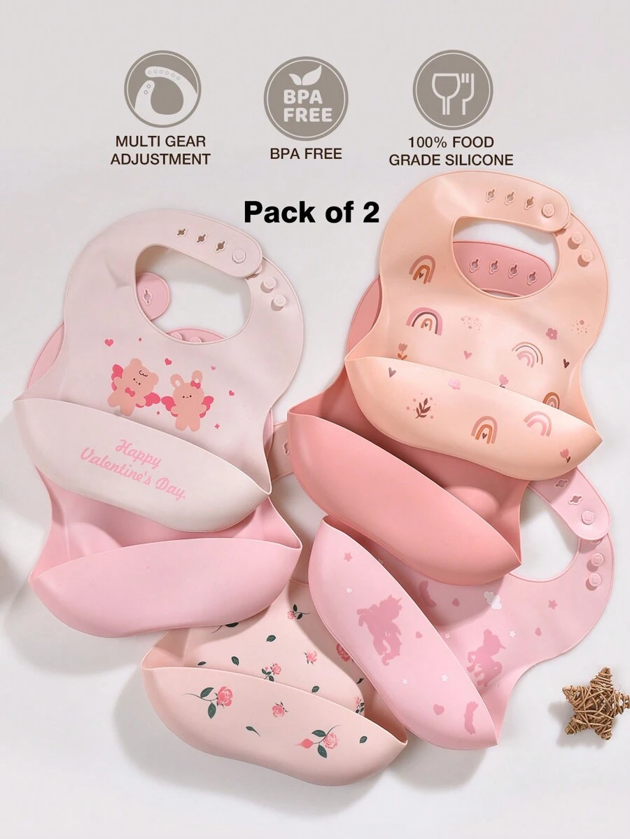 2 件套婴儿硅胶防水围兜，适合男孩和女孩，可洗情人节礼物，四季使用 - 彩色 - 查看 1