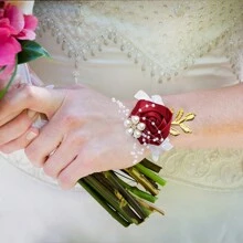 1pc Bride/Bridesmaid Burgundy Faux Rose Bead & Golden Leaf Wrist Corsage, Wedding/Party/Valentine's Day Decoration