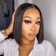 12 Inch Glueless 4x4 Lace Front Wig For Women Natural Black Brazilian Straight Human Hair 180% Density Transparent Lace Front Short Bob Cut With Youngsters Hair Pre-Plucked Glueless Wear(Bob Wig 10-14inch)