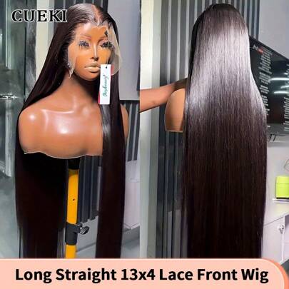 CUEKI 36 Inch 200% Density Straight Lace Front Wigs Human Hair Fiber Mix 13X4 Lace Frontal Wig Blended Human Hair Wig Natural Swiss Full Edges Lace Wig With Baby Hair For Women