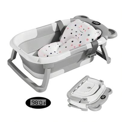 Bañera Bebe Portatil Baño Plegable Tina Con Cojin Termometro Gris