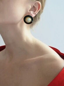 Uworld 1 Pair Of Women's Black Ggold Series Stainless Steel Earrings French Elegant Women's Jewelry Black Onyx Inlaid 18K Gold-Plated Stainless Steel Jewelry Suitable For Daily Wear Party Vacation Etc - Black Gold - View 4