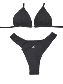 Reinforced Ribbed Double String Bikini With Removable Cups - ĐEN - Xem 1
