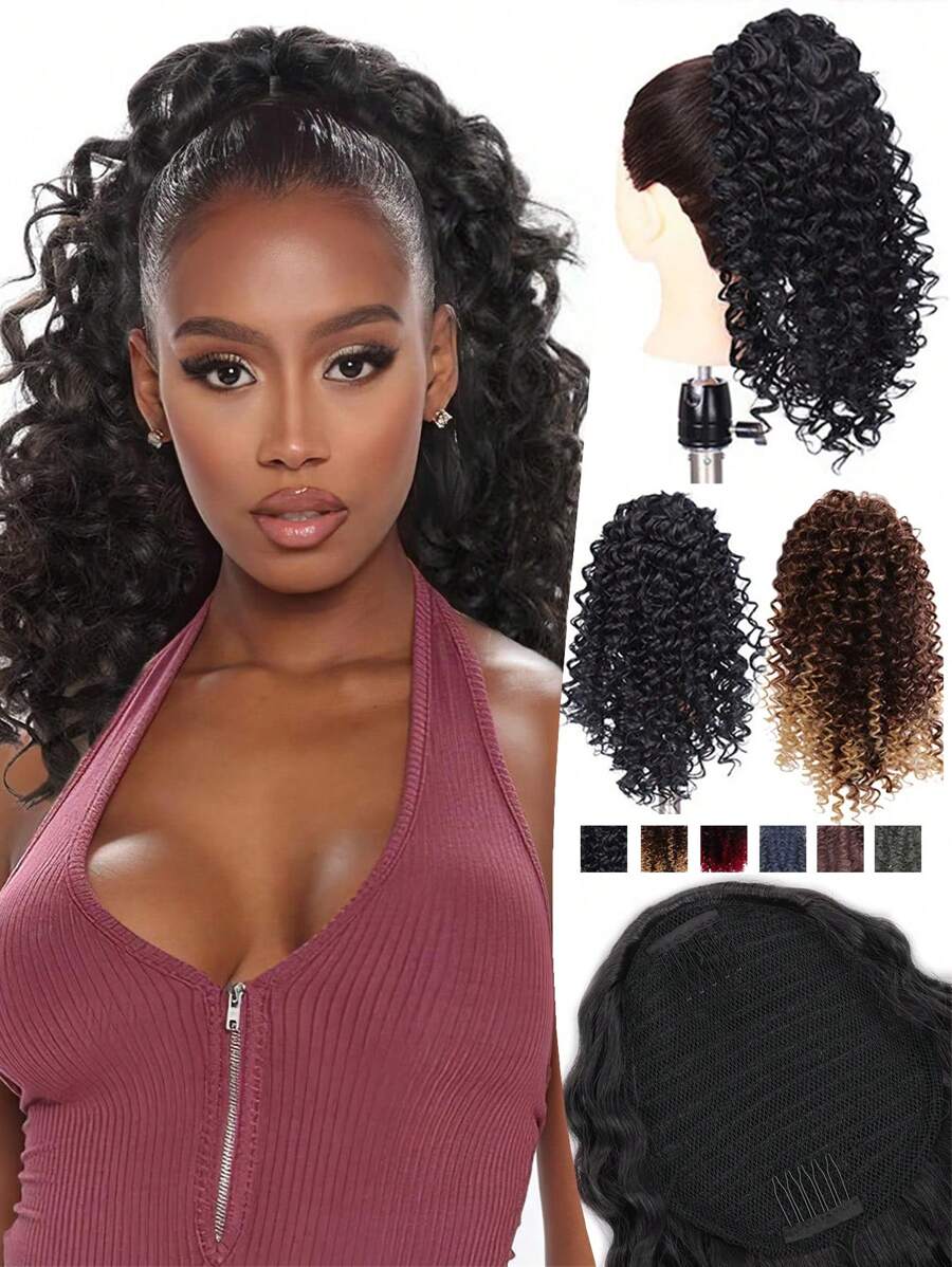 Extensiones de cabello con coleta rizada afro kinky, extensiones de cabello con coleta con cordón, extensiones de cabello sintético rizado kinky de 18 pulgadas, extensiones de cabello con coleta rizada corta esponjosa, extensión de cabello con clip para mujer, peluca de coleta rizada larga esponjosa, extensiones de cabello sintético rizado kinky, postizos rizados afro - Multicolor - Ver 1
