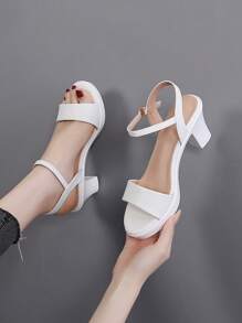 Giày cao gót màu trắng cho nữ, Giày cao gót đế thô mùa hè, thời trang mới gợi cảm, giày quai cài, phong cách châu Âu và Mỹ - trắng - Xem 1