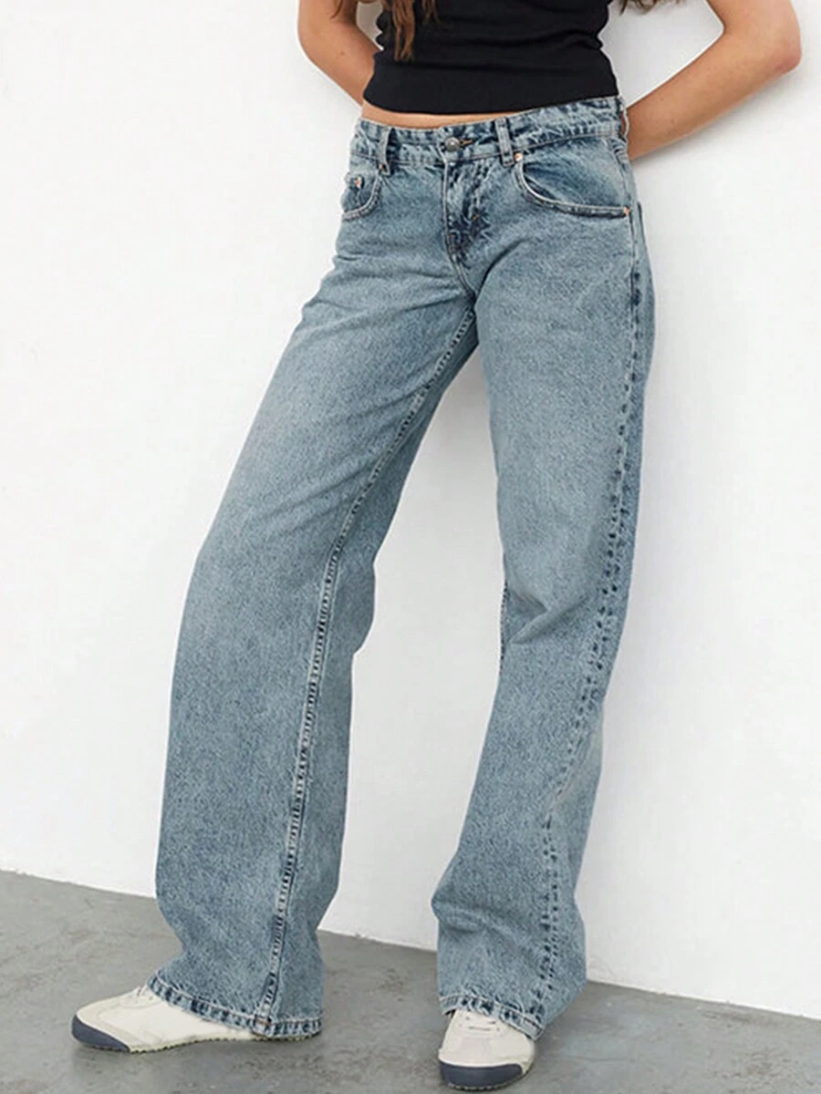 Y2k Vintage Baggy Distressed Jeans For Women High Waisted Wide Leg Denim Pants Casual Low Rise Loose Fit Trousers Pants Fashion Straight Leg Boyfriend Jeans With Pockets For Summer Spring 90s Streetwear For Teen Girls Aesthetic Clothes - Rửa trung bình - Xem 1