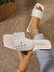 Women's Plus Size Flat Sandals, Vacation Style Casual Versatile Rhinestone Decorated Slippers, Summer