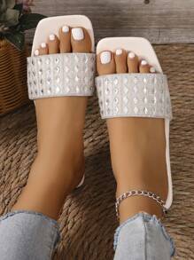 Women's Plus Size Flat Sandals, Vacation Style Casual Versatile Rhinestone Decorated Slippers, Summer