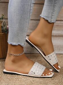 Women's Plus Size Flat Sandals, Vacation Style Casual Versatile Rhinestone Decorated Slippers, Summer
