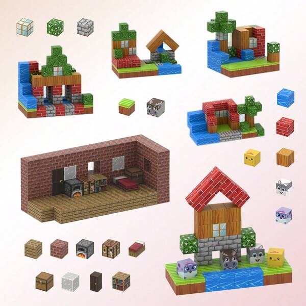 Pixel Magnetic Building Block Toy, Creative Educational Assembling Model, Suitable For Boys And Girls Over 3 Years Old, STEM Sensory Building Block Birthday Gift Toy Halloween Christmas Gift, Scene Street Scene Building Model