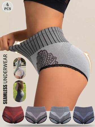 Conjunto de 4 bragas de encaje sin costuras de cintura alta, pantalones de mujer multicolor que ayudan a la barriga plana, ropa interior femenina suave y amigable con la piel, cómoda