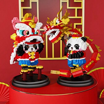 Chinese New Year Toy National Panda Series Small Particle Building Block Toy Set, DIY Plastic Building Block Diamond Brick Assembly Toy, Chinese Style Panda, Lion Dance, Dragon Dance Model Decoration Suitable For New Year Decoration, New Year Gift, Birthday Gift, Novelty Gift, Souvenir Gift,