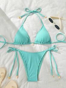 Textured Fabric Solid Color Camisole Shell Decor Bikini Set Summer - Lake Green - View 2
