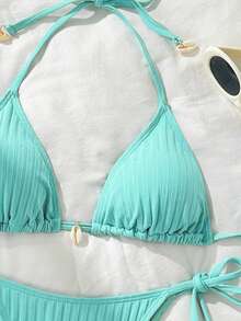 Textured Fabric Solid Color Camisole Shell Decor Bikini Set Summer - Lake Green - View 4