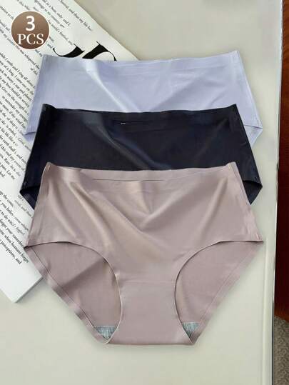 3pcs Women Sexy Solid Color Seamless Briefs, Thin Waist Panties