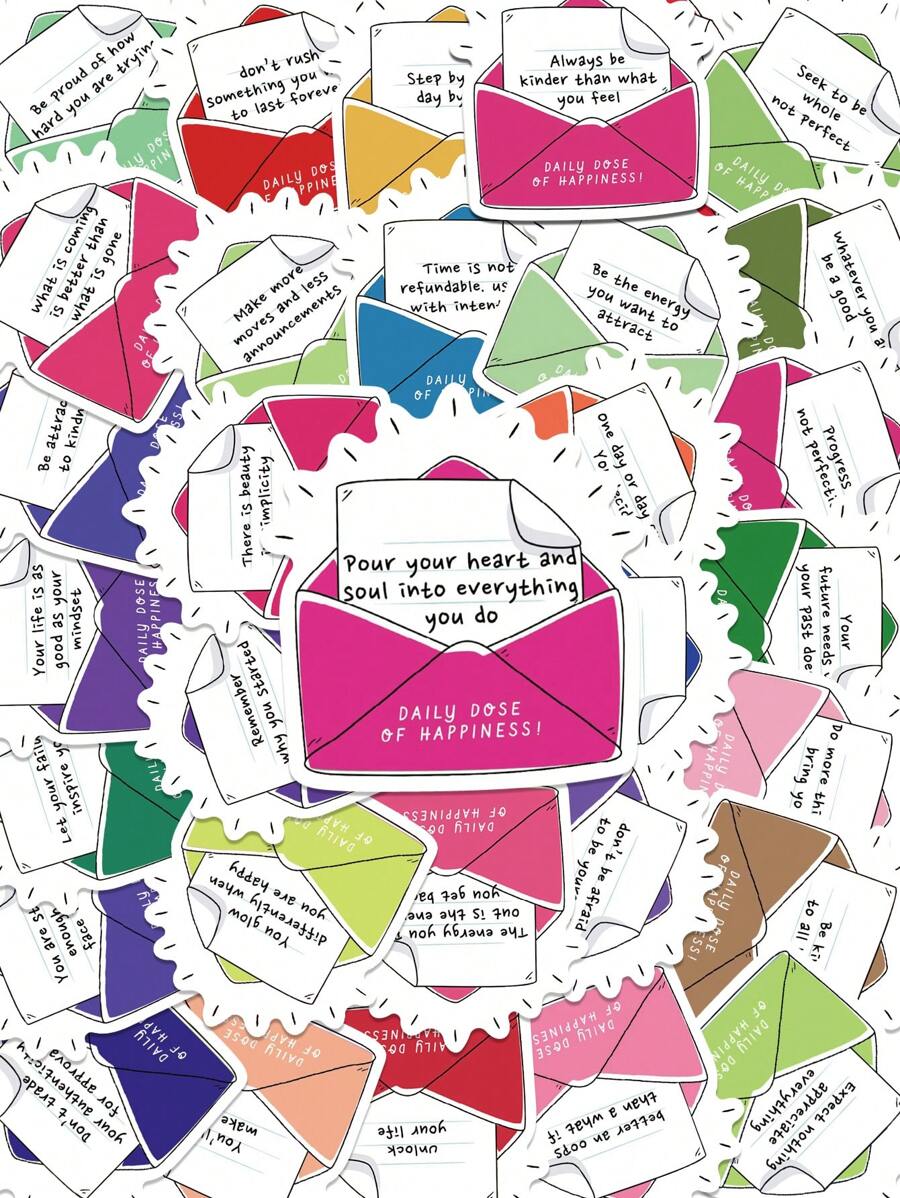 50pcs Daily Dose Of Happiness Sticker Aesthetic Cartoon Letter Decals For Kids Waterbottle Laptop Luggage Scrapbook Stationery Phone Fridge Waterproof Diy Decoration Sticker - Multicolor - View 1