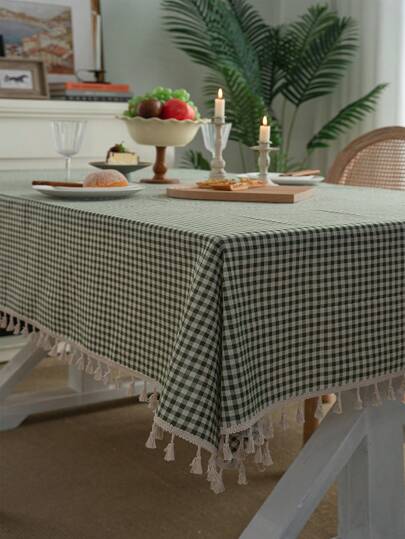 Bubaba 1pc Green Plaid Printed Kitchen Rectangle Tablecloth, American Boho Farmhouse Style Tablecloth With Tassels, Home Decor Tabletop Placemats Suitable For Dining Room, Kitchen, Restaurant, Party, Holiday, All Seasons