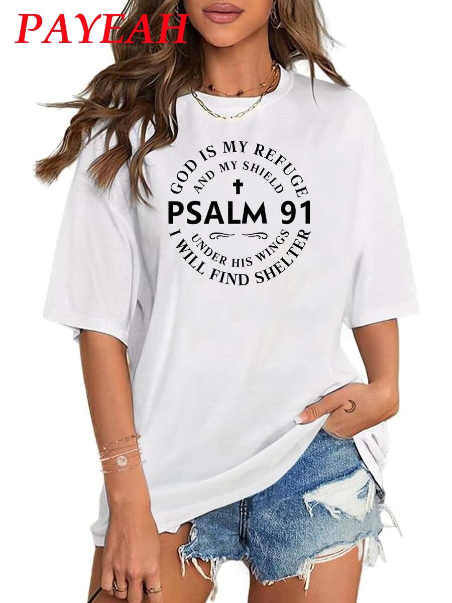 Camiseta gráfica de manga corta cristiana con mensaje del Salmo 91 para mujer, de color negro, 1 pieza, de algodón pesado de 220g - Blanco - Ver 1