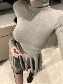 Valentine's Day Fashion Ruffles Mini Dress Romantic Slim Waist Spring Long Sleeve Party - Dark Grey - View 4