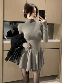 Valentine's Day Fashion Ruffles Mini Dress Romantic Slim Waist Spring Long Sleeve Party - Dark Grey - View 5