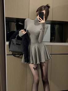 Valentine's Day Fashion Ruffles Mini Dress Romantic Slim Waist Spring Long Sleeve Party - Dark Grey - View 6