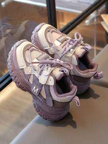 Kids' Fashionable Casual Sports Shoes, Student Running Shoes, Campus Sports Chunky Sneakers, Suitable For All Seasons, Color Blocking Woven Sports Shoes - Pink - View 5