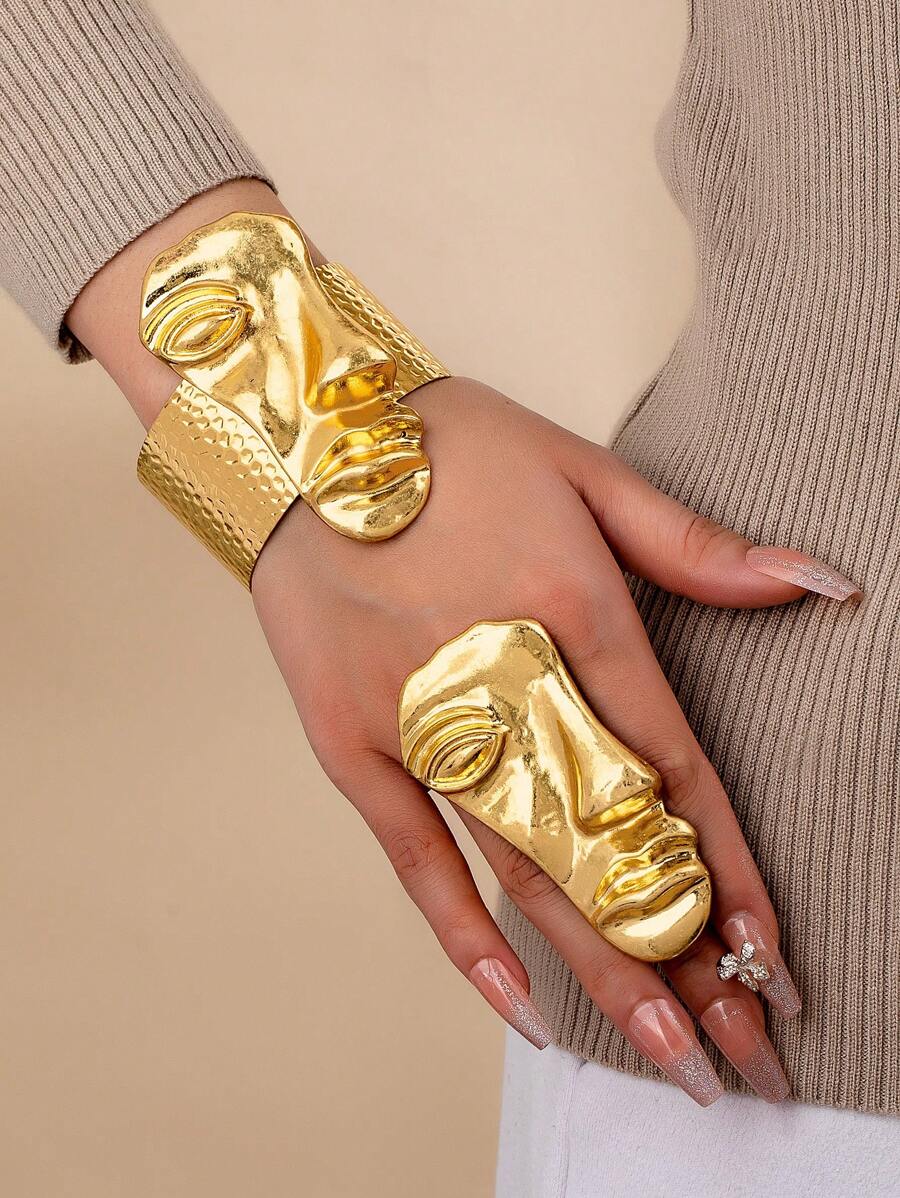 金色抽象面罩设计袖口手镯粗戒指，女士金色首饰套装，超大金属袖口戒指套装，配套戒指和手镯套装 - 金色 - 查看 1