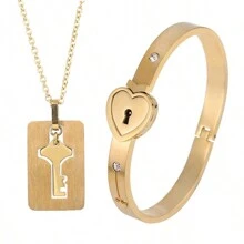rongji jewelry 1 Set Pulsera y Collar de Pareja con Corazón y Candado de Acero de Titanio, Resistente al Desgaste, Regalo del Día de San Valentín, Mamá, Madre, Día de la Madre