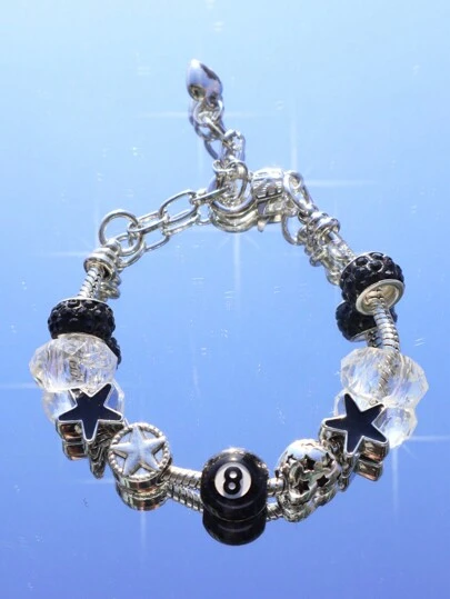 1pc Black 8 Ball Charm Bracelet, Vintage American Street Style Star Bracelet, Retro Heart Star Bracelet