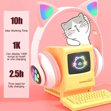 Bezprzewodowe słuchawki z uszami kota Zestaw słuchawkowy Bluetooth z diodami LED dla dzieci