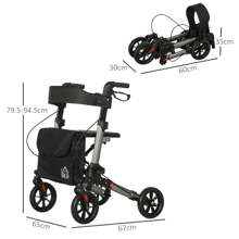 HOMCOM 4 Wheel Rollator With Seat And Back, Folding Mobility Walker With Carry Bag, Adjustable Height, Dual Brakes, Cane Holder, Lightweight Aluminium Walking Frame For Seniors And Disabled, Silver - Silver - View 5