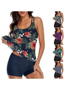 Womens Summer Beach Two Piece Swimsuit Set Fashion Printing Suspender Tops And Solid Color High Waist Swimwear - Purple - View 2