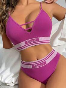 Women's Shoulder Straps Bra Seamless Soft Mid Rise Panties Purple Elegant Lingerie Set - Red Violet - View 4