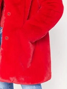 1 pieza Chaqueta de forro sintético de longitud media para mujer con bolsillos y botones a presión ocultos