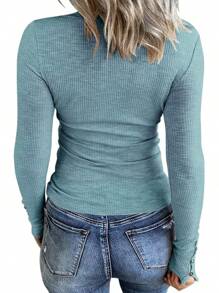Women's Long Sleeve Henley T Shirts Button Down Slim Fit Tops Scoop Neck Ribbed Knit Shirts/Vacation Outfits Women/Valentine Outfits For Women - Bluish Grey - 查看 2