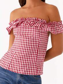 Women's Summer Slim Tops Short Sleeve Off Shoulder Open Back Plaid T-Shirt - Red - View 4