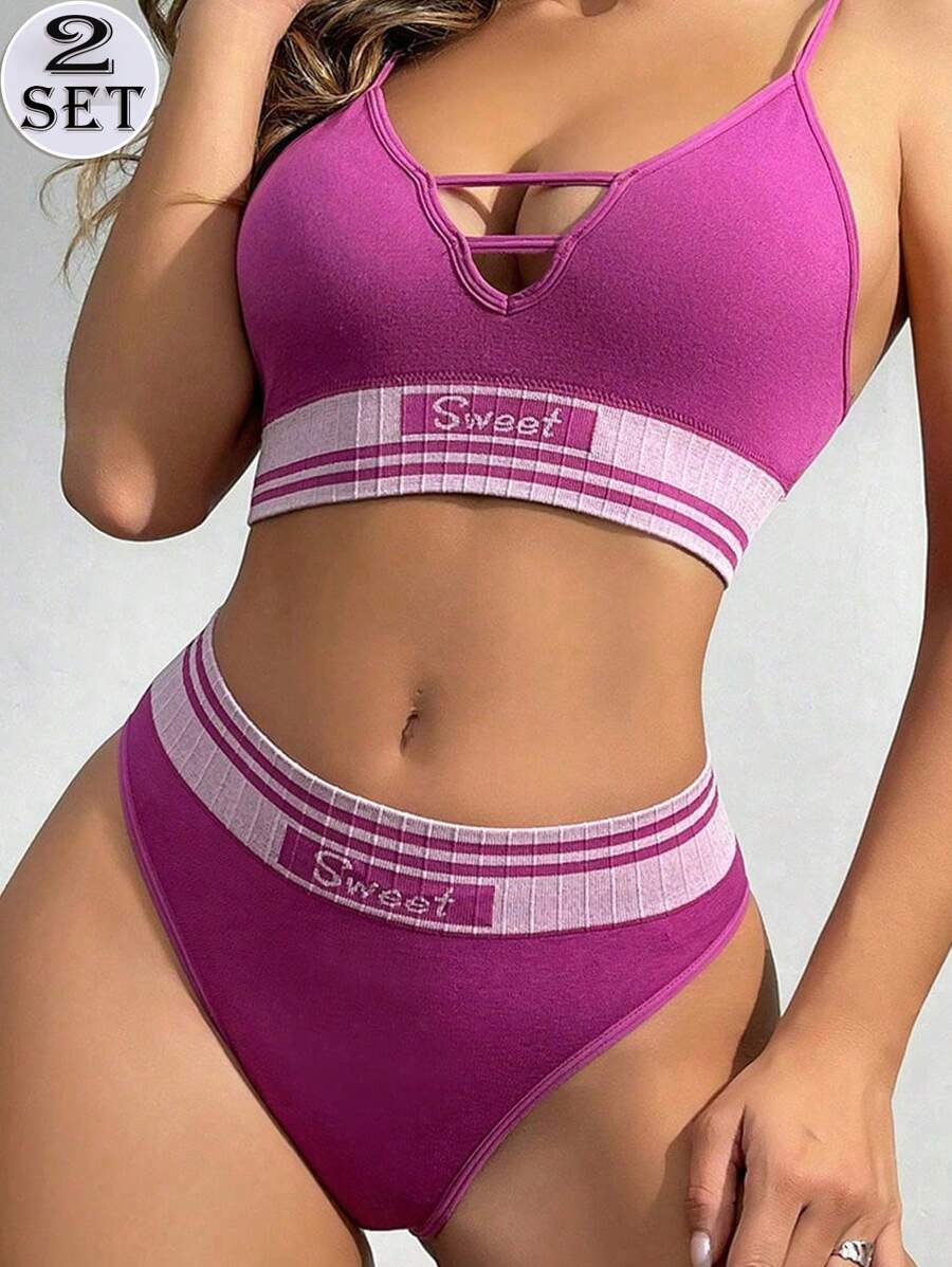 Women's Shoulder Straps Bra Seamless Soft Mid Rise Panties Purple Elegant Lingerie Set - Red Violet - View 1